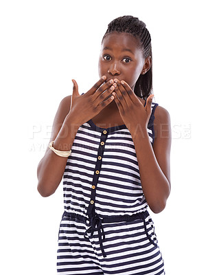 Buy stock photo Portrait, surprise or black woman in studio for secret story with shock isolated on white background. Wow, wtf or face of person covering mouth with hands for gossip, omg expression or fake news