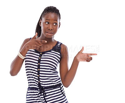 Buy stock photo Pointing, notification or black woman by announcement isolated on transparent on white background. Show, promo or person in studio covering mouth for advertising, marketing or news for mockup space