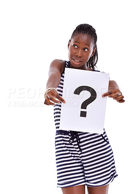 Buy stock photo Question mark, confused or black woman with sign or doubt for decision, ideas or problem solving in studio. Thinking, person or African model with why review on paper for solution on white background