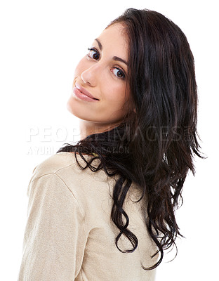 Buy stock photo Woman, face and beauty with hair in studio, positivity and pride with salon treatment for change on white background. Portrait, shine and texture with smile, facial and natural cosmetics for haircare