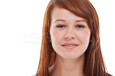 Buy stock photo Face, woman and skincare in studio with smile in white background, natural and routine for healthy skin with glow. Ginger, soft and facial for beauty with hydration, pamper and self care and fresh
