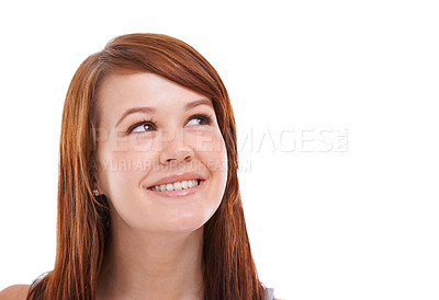 Buy stock photo Woman, face and thinking or smile in studio for problem solving, contemplating and wondering on mockup space. Person, thoughtful or daydreaming with redhead, solution and happy on white background