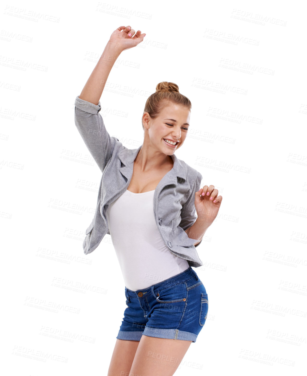 Buy stock photo Excited winner, dancing or woman in studio isolated for news, announcement or bonus prize. Energy, smile or happy female person in celebration of fashion discount, success or sale on white background