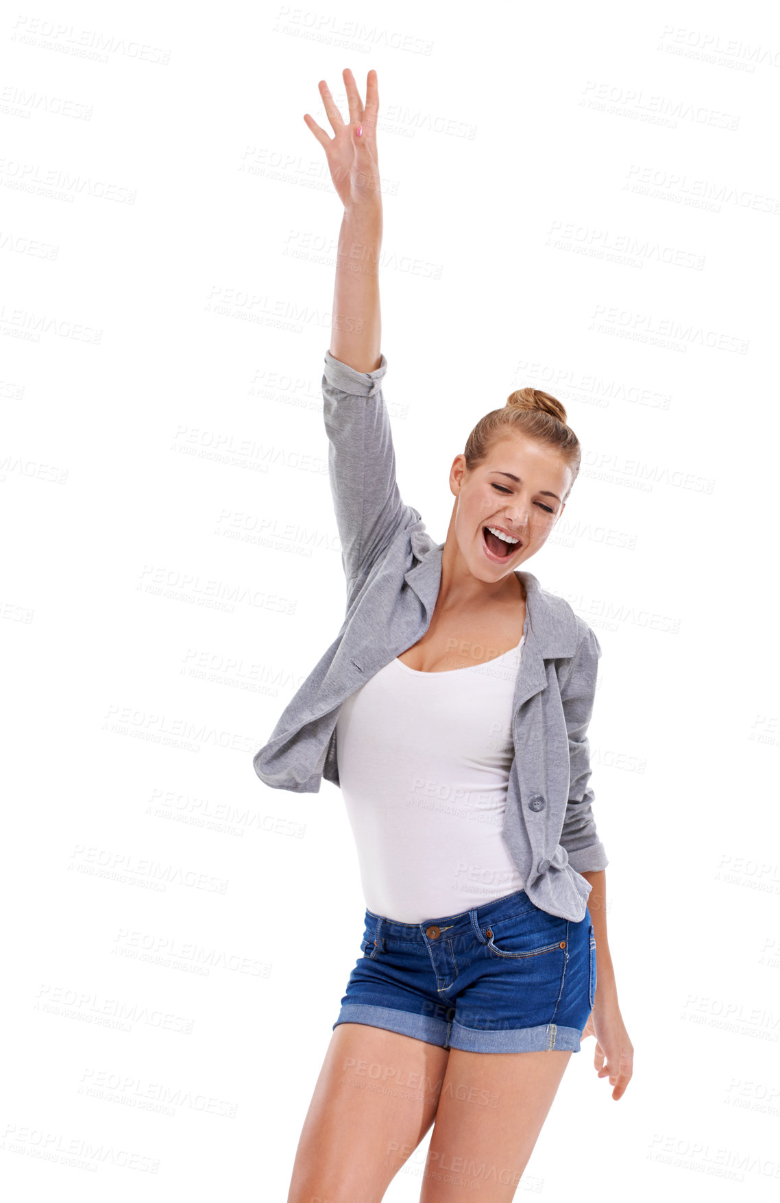 Buy stock photo Excited winner, cheering or woman in studio isolated of news, announcement or bonus prize. Energy, smile or happy female person in celebration of fashion discount, success or sale on white background