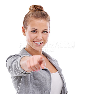 Buy stock photo Woman, portrait and smile in studio with point for direction, choice and stylish clothes on white background. Happy, female person, face and hand gesture for accountability, option and decision