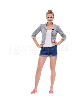 Buy stock photo Casual, fashion or portrait of girl teenager in studio isolated on white background with pose. Pride, happy woman or confident female person with smile, modern style or trendy clothes by mockup space