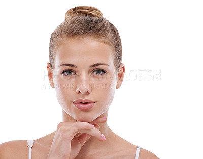 Buy stock photo Portrait of model, facial or skincare for dermatology, beauty or cosmetics for healthy glow in studio. Mockup space, results or confident woman with natural shine or wellness on white background