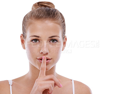 Buy stock photo Woman, portrait and shush for privacy in studio, quiet and confidential information or news. Female person, mute and silent emoji for gossip or drama, secret and whisper icon on white background