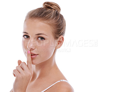Buy stock photo Woman, portrait and finger for privacy in studio, quiet and confidential information or news. Female person, shush and silent emoji for gossip or drama, secret and whisper icon on white background