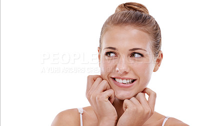 Buy stock photo Woman, smile and thinking about skincare and beauty in studio, glow and wellness on white background. Inspiration, dream or future with mockup space, natural cosmetics and happy for dermatology