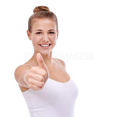 Buy stock photo Portrait, thumbs up or happy woman in studio for beauty or approval isolated on white background. Success, winning or confident person with okay hand gesture or emoji for agreement, like or thank you