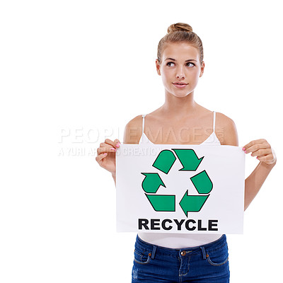 Buy stock photo Woman, thinking and poster for recycling, environment and climate change with activism and awareness on white background. Future of the planet, eco friendly and sign for social responsibility and NGO