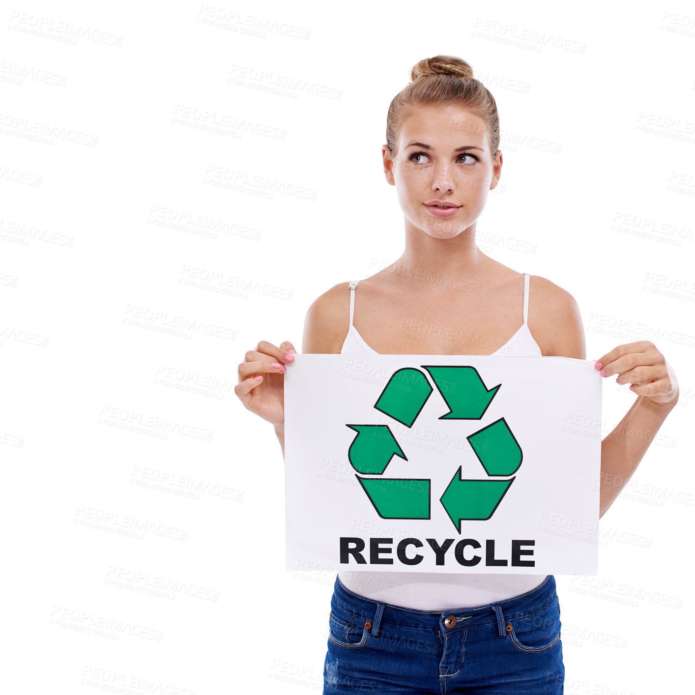 Buy stock photo Woman, thinking and poster for recycling, environment and climate change with activism and awareness on white background. Future of the planet, eco friendly and sign for social responsibility and NGO