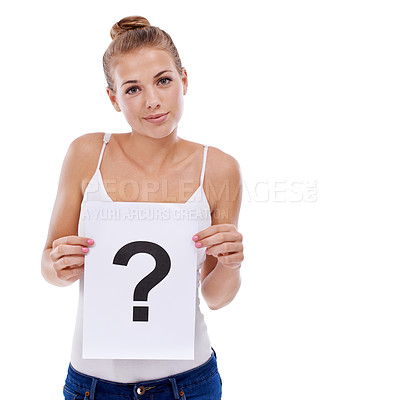 Buy stock photo Question mark, portrait or woman with sign or doubt for decision, ideas or problem solving in studio. Confused, mockup space or female model with why icon or board for solution on white background