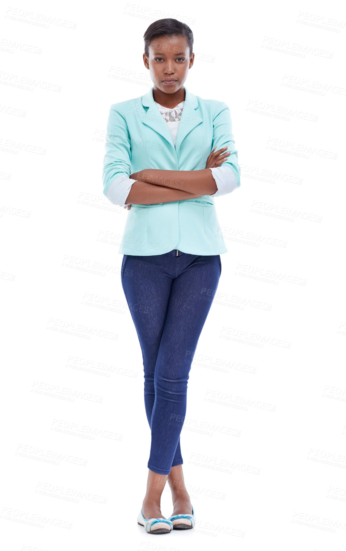 Buy stock photo Business, fashion or portrait of black woman with arms crossed in studio isolated on white background. Classy, serious or confident African female person with pride, modern style or trendy clothes