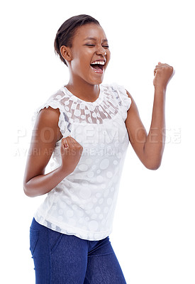 Buy stock photo A trendy young african woman doing a victory dance against a white background