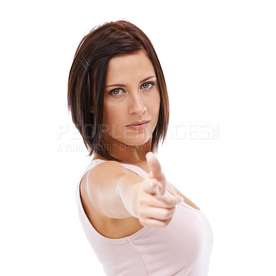 Buy stock photo Angry, woman and portrait with finger gun pointing in threat or warning on white background in studio. Shooting, weapon and serious gesture with hand and person acting as a spy or agent on mockup
