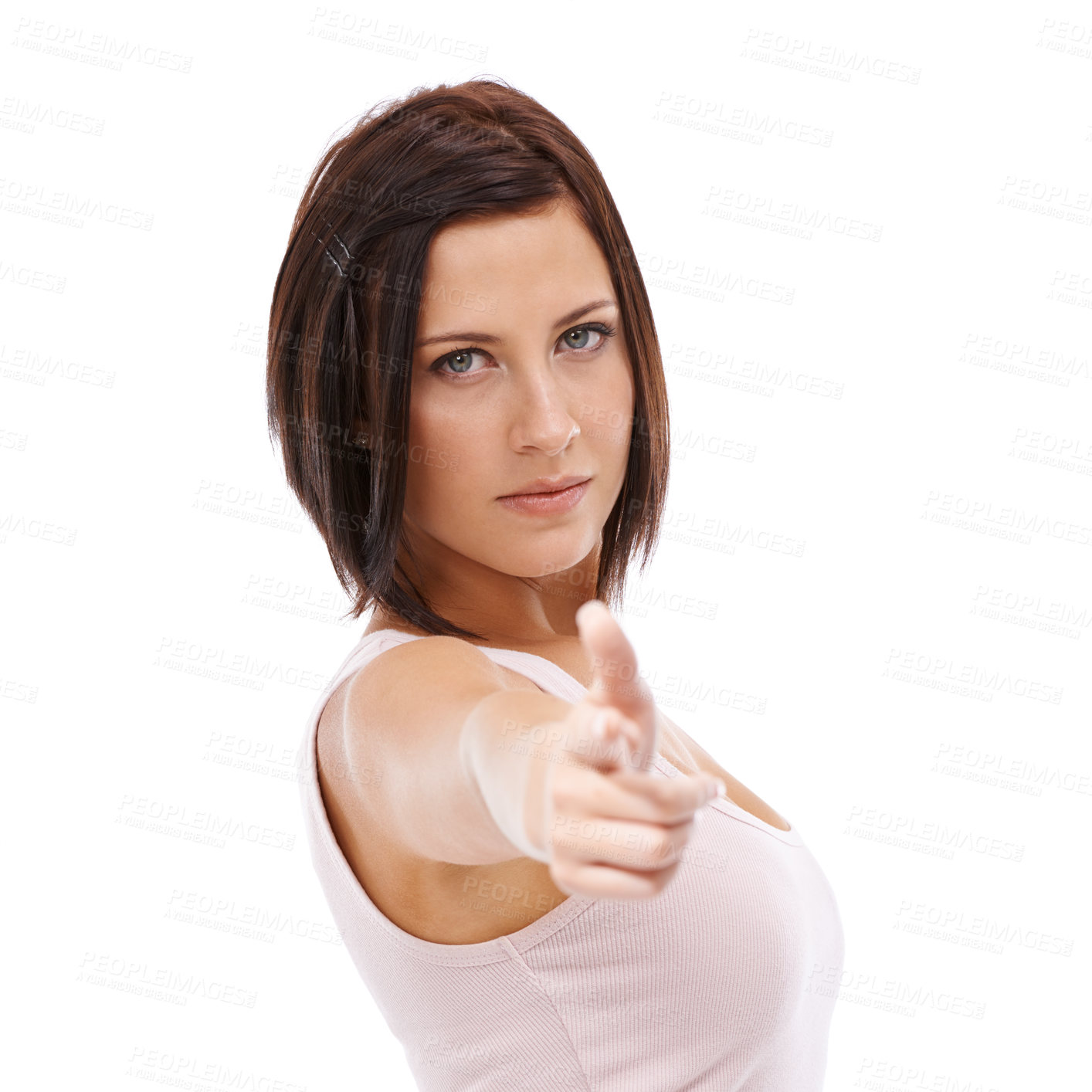 Buy stock photo Angry, woman and portrait with finger gun pointing in threat or warning on white background in studio. Shooting, weapon and serious gesture with hand and person acting as a spy or agent on mockup