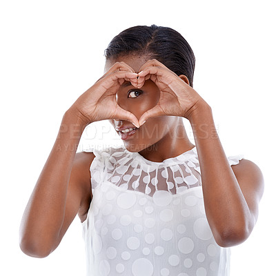 Buy stock photo Heart, hands and black woman with sign for love or charity, wellness and support with emoji on white background. Icon, donation and romance gesture with shape, thank you or feedback with reaction