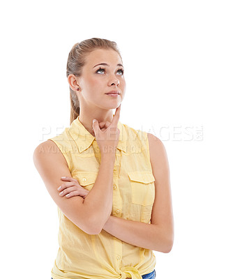 Buy stock photo Woman, face and thinking or decision in studio for problem solving, contemplating or wondering on mockup space. Person, thoughtful or daydreaming with confidence, solution or hand on white background