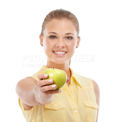 Buy stock photo Offer, apple or portrait of happy woman giving a healthy choice isolated on white background. Nutrition vitamins, smile or female person in studio with fruit or food for fiber, detox diet or wellness