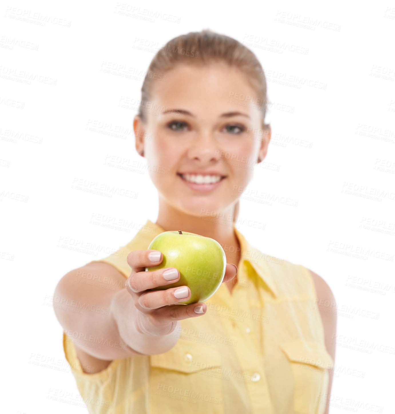 Buy stock photo Offer, apple or portrait of happy woman giving a healthy choice isolated on white background. Nutrition vitamins, smile or female person in studio with fruit or food for fiber, detox diet or wellness
