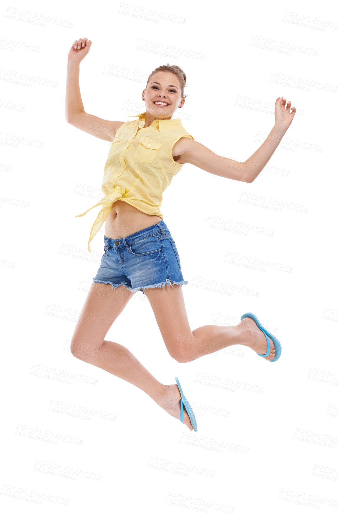 Buy stock photo Excited, jump or portrait of girl teenager in studio for news, announcement or bonus prize. Energy, smile or happy model winner in celebration of fashion discount, success or sale on white background