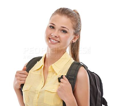 Buy stock photo High school, girl or portrait of student in studio on white background ready for class, learning or education. Happy, smile or face of person with bag excited for lesson, youth academy or development
