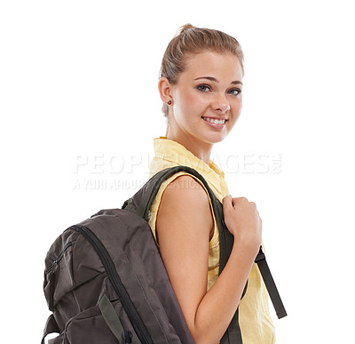 Buy stock photo High school, ready or portrait of student in studio on white background for class, learning or education. Happy girl, smile or face of woman with bag excited for lesson, youth academy or development