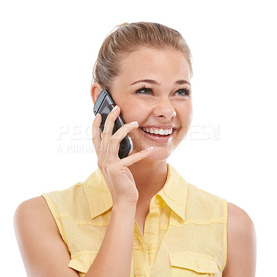 Buy stock photo Phone call, listening or happy woman in studio or white background for communication or chat. Smile, funny or girl laughing in conversation or speaking of good news, ideas or feedback for networking 