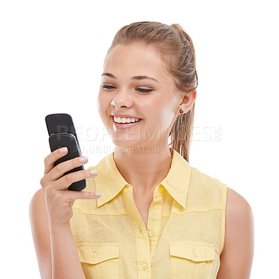 Buy stock photo Phone, texting or happy woman in studio on social media, website or internet to scroll online. Chat network, smile or funny girl typing on technology or mobile app isolated on white background