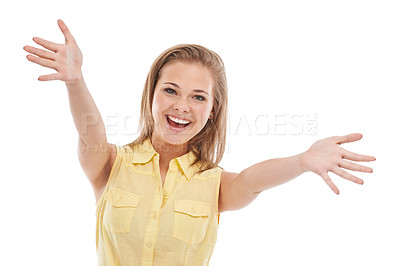 Buy stock photo Portrait, woman or excited for news with outstretched hands or celebration for winning bonus prize. Model, arms out or face of happy female person in studio isolated on white background with smile