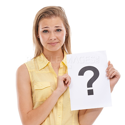 Buy stock photo Question mark, portrait or confused woman with sign or doubt for decision or problem solving in studio. Asking, worried face or upset model with why icon or board for solution on white background