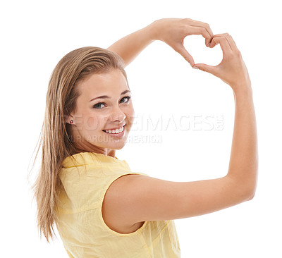 Buy stock photo Woman, portrait and heart hands for love in studio, kindness and peace emoji or symbol. Happy female person, support icon and smiling on white background, romance emoticon and feedback or review