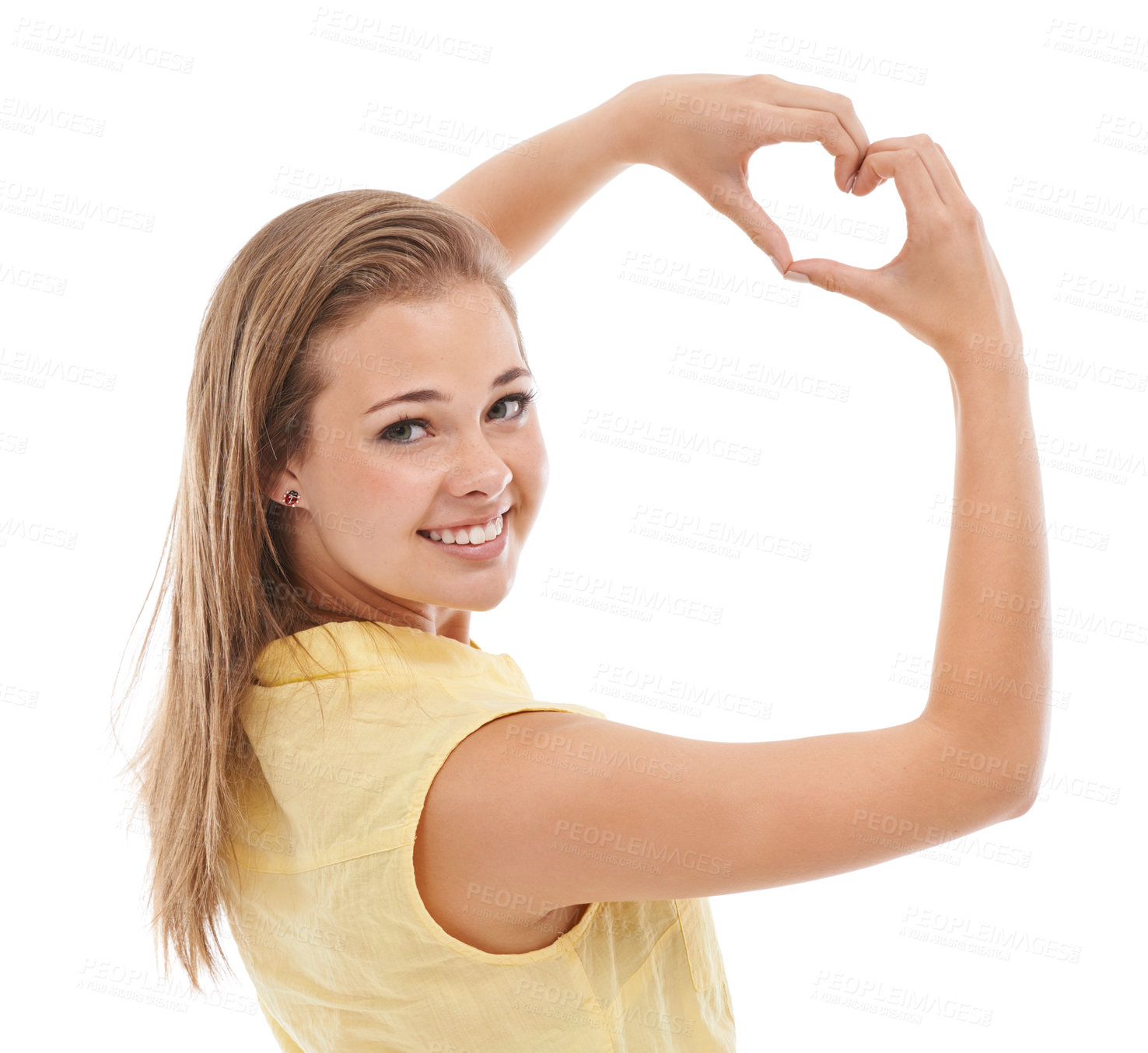 Buy stock photo Woman, portrait and heart hands for love in studio, kindness and peace emoji or symbol. Happy female person, support icon and smiling on white background, romance emoticon and feedback or review