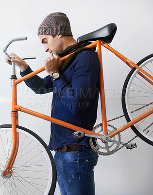 Buy stock photo Man, studio and bicycle for sustainability, health and transportation on white background. Hipster cyclist, carbon neutral or eco friendly travel for environmental commute and fitness or exercise