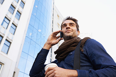 Buy stock photo City, buildings and man with phone call for communication, conversation or networking in Los Angeles. Male person, technology and smile with smartphone, contact and happy in morning from low angle