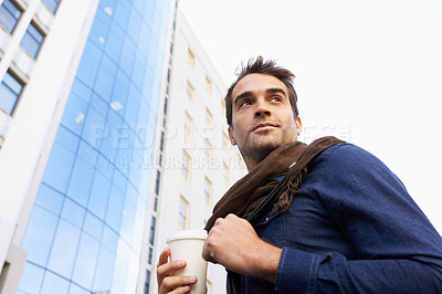 Buy stock photo Walking, thinking and man with coffee, city and ideas with daydreaming and cappuccino with urban town. Person, outdoor and guy with morning tea and latte with buildings and thoughts with sunshine