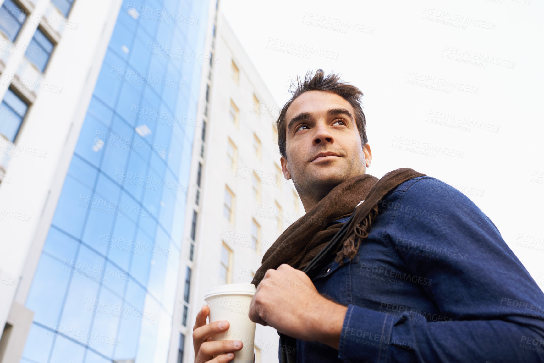 Buy stock photo Walking, thinking and man with coffee, city and ideas with daydreaming and cappuccino with urban town. Person, outdoor and guy with morning tea and latte with buildings and thoughts with sunshine