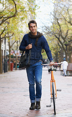 Buy stock photo Man, walking and push bicycle in city to travel on eco friendly transport outdoor, commute or trip. Cycling, person and bike in urban town, street or road for journey at sidewalk of park with bag