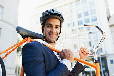 Buy stock photo Morning, commute and portrait of businessman with bicycle for green and sustainable transportation. Cyclist, smile and bike for carbon footprint in New York by urban street with entrepreneur cycling