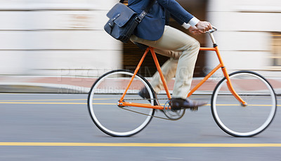 Buy stock photo Bicycle, travel and legs of business man in a road riding to work or appointment in n a street. Carbon footprint, cycling and shoes of male on bike traveling in a city on eco friendly transportation