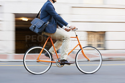 Buy stock photo Bicycle, cycling and legs of business man on a road riding to work or appointment in a street. Carbon footprint, travel and shoes of male on bike traveling in a city on eco friendly transportation