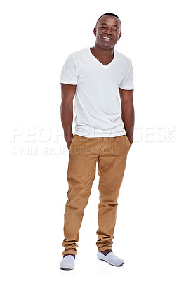 Buy stock photo Happy, smile and cool with portrait of black man in studio for casual, fashion and trendy. Happiness, laugh and confident with male model isolated on white background for pride, natural and mockup