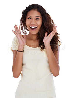 Buy stock photo Happy woman, portrait and surprise for winning, good news or prize in fashion on a white studio background. Face of excited female person or model with smile for wow or amazing deal, offer or sale