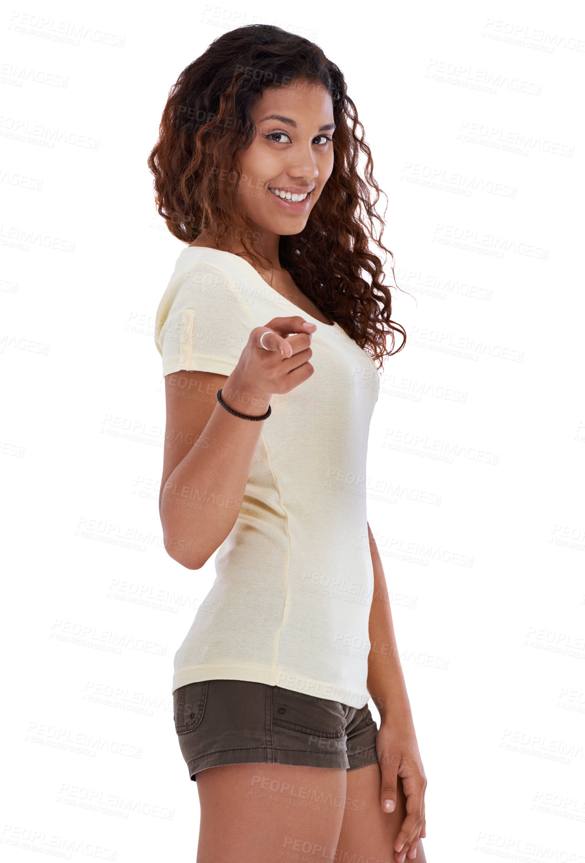 Buy stock photo Woman, portrait and pointing in studio for option, voice and confidence for choosing you. Female person, smiling and proud of decision on white background, emoji and vote for opportunity in Brazil