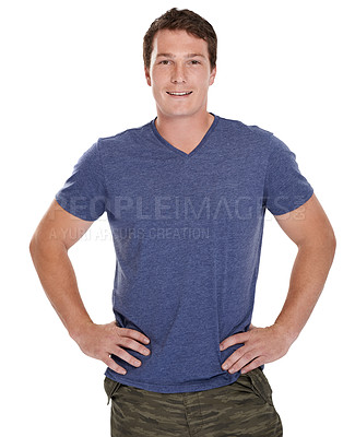 Buy stock photo Cropped portrait of a handsome young guy standing casually while isolated on white