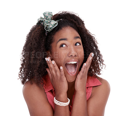 Buy stock photo Excited, black woman and surprise for winning, good news or special prize on a white studio background. Face of happy or young African female person with smile in wow for alert, deal or amazing offer