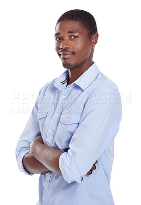 Buy stock photo Portrait of a handsome young man standing with his arms crossed against a white background