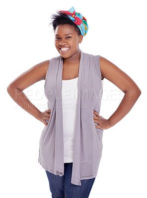 Buy stock photo Happy, portrait and black woman with fashion or style in confidence on a white studio background. Face of African female person or model with smile in stylish clothing and standing with hands on hips